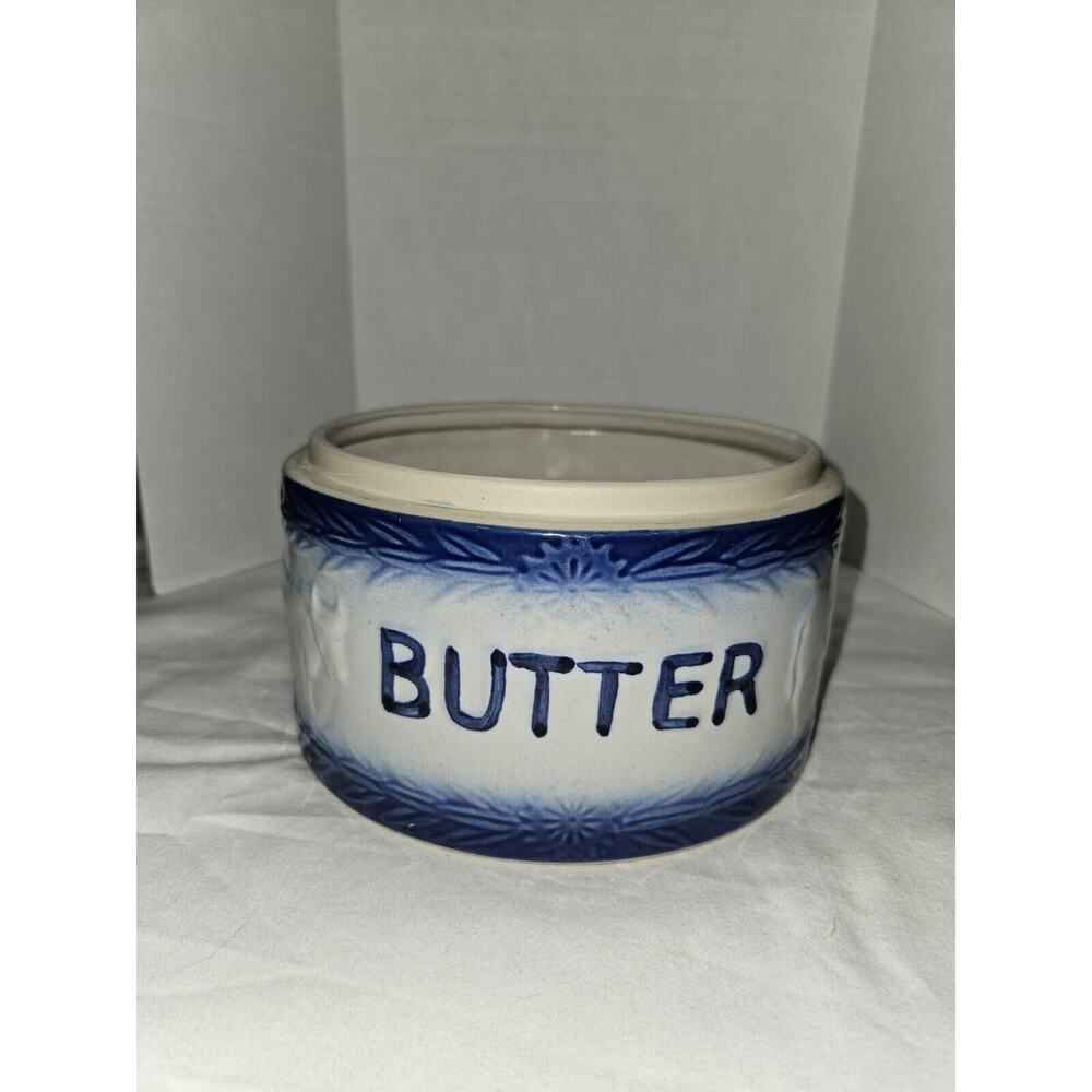 Salt Glaze Stoneware Butter Crock Blue & White Cow & Flower Pattern Pottery